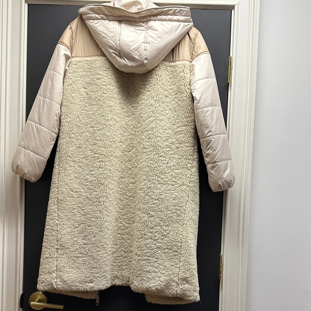 7 For All Mankind Cream Mixed-Media Sherpa & Quilted Hooded Coat - Picture 4 of 4